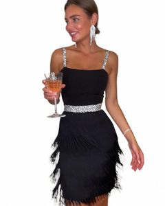 vacati Party Dr Vrouwen Dating Diner Celebrity Stijl Sling Omzoomd Mini Rok Slanke Kwastje Prom Zwarte Dres Traf Vestidos R5mz #