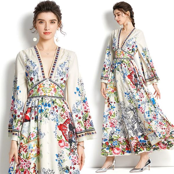 Vacances à manches évasées femmes robe vintage 2023 concepteur de piste imprimé floral Slim A-ligne robes décontractées printemps automne mode Of239S