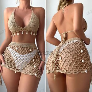 Vakantie handhaak shell hol sexy hangende nekband strand gebreid badpak ontwerper luxe bikini set mode maillot de bain