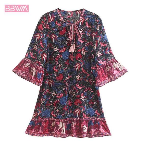 Vacaciones Long Phoenix Totem Impreso Manga Vestidos de mujer Con cuello en v Flores Estilo étnico Mangas exquisitas Mujer 210507