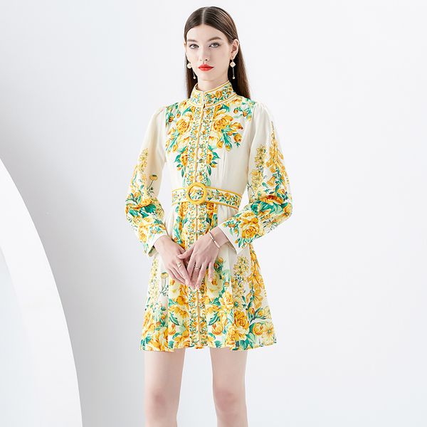 Mini robe florale à manches bouffantes pour femmes, tenue de soirée de styliste de mode, col montant, froncée, ligne a, printemps automne, simple boutonnage, robes mignonnes, 2023