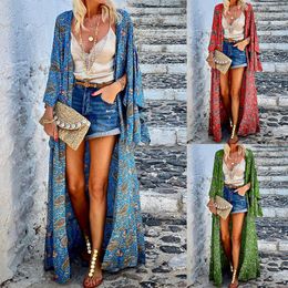 Vacation Ready Women's Fashionable Bohemian Long Cardigan Matel avec un magnifique imprimé floral et un style avant ouvert facile à porter AST48888