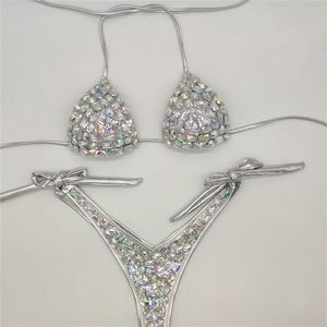 Estilo de vacaciones conjunto de bikini de diamantes vendaje abierto traje de baño push up bling piedras traje de baño sexy mujeres nadar 210702