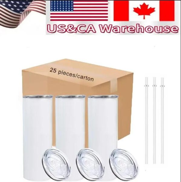 USA/CA Entrepôt local Gobelets à sublimation 20 oz en acier inoxydable isolés blancs droits tasses à eau blanche avec couvercle et paille pour le transfert de chaleur 25 pièces/carton 1123