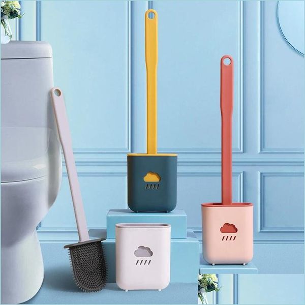 Piezas de vacío Accesorios Cepillo de baño Sile Limpiador de Wc con soporte Cabeza plana Cerdas suaves flexibles Accesorio de baño Gap Drop Deliv Dhkiz