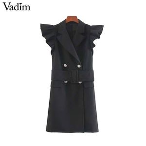 Vadim Women Elegant Office Wear Black Mini Jurk Sjerpen Korte Mouw Dubbele Knoppen Vrouwelijke Casual Solid Jurken Vestidos QC431 Y19073001