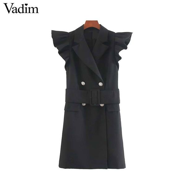 Vadim Femmes Elegant Office Wear Mini robe noire Sashes à manches courtes Double boutons Femme Casual Robes solides Vestidos QC431 Y19073001