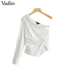 womne mode witte onregelmatige kraag blouse single schouder geplooid ontwerp vrouwelijk feest slijtage chic top blusas wa257 t200322