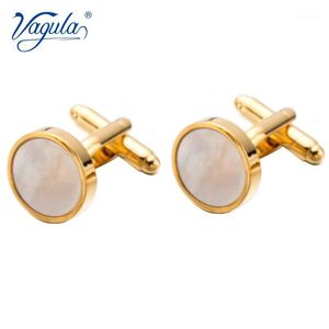 Vagula Classic Gold-Color Geplated Mother Pearl Copper Men's Cuff Link Luxe cadeau Party Wedding Pak Shirt Knoppen Cufflinks 7181