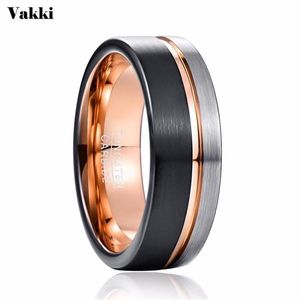 Vakki Men 8mm Tungsten Ring Black Rose Gold Wedding Band verlovingsring Herenfeestje Sieraden Bague Homme224i