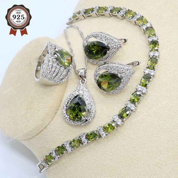 Nuevo Conjunto de joyería de plata 925 con peridoto verde y circonita, pulsera para mujer, pendientes, collar, anillo colgante, regalo de cumpleaños, joyería finaConjuntos de joyería peridot jewelry women