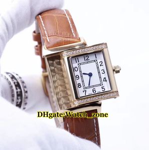 Valentijnsdag Gift Reverso Q2562402 Zwitserse kwarts Wit Dial Rose Gold Diamond Bezel Womens Horloge Lederen Strap Mode Lady Horloges