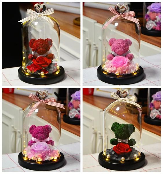 Valentín Eternal Preservado Rose Fresh Lovely Teddy Bear en Heart Glass Dome con Regalos Día de la Madres Boda Led para Mujeres 240422
