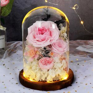 Valentin Mother Marid Wedding Party Gift Préservé Rose Immortal Flowers in Glass Dome with Lamp Flowers Home Decoration Q0812329A