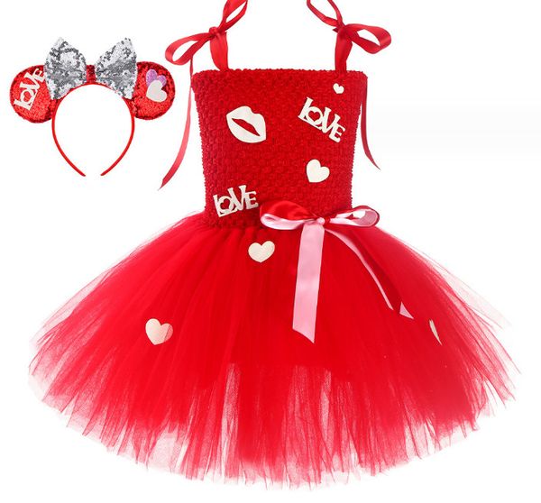 Día de San Valentín, vestidos de fiesta para niños, niñas, amor, corazón, letra, labio, encaje, tutú, vestido de bola, niños, gasa roja, ropa de princesa Z6360