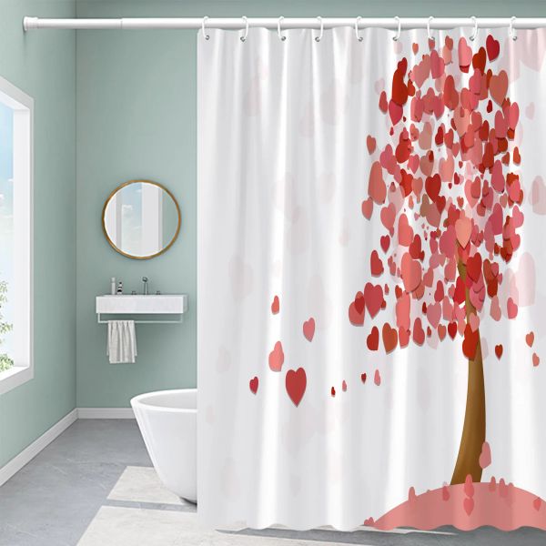 Curtain de douche de décoration de la Saint-Valentin Roses roses Roses rouges fleur suspendue coeurs pleins d'arbre Curtain de salle de bain tissu imprimé d'arbre