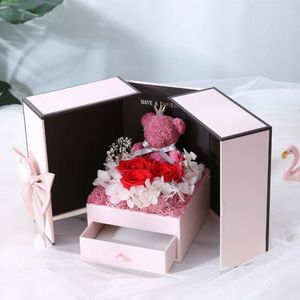 Coffret cadeau saint valentin, emballage amoureux ours Rose fleurs éternelles, boîte cadeau à Double porte 13cm x 13cm x 17cm