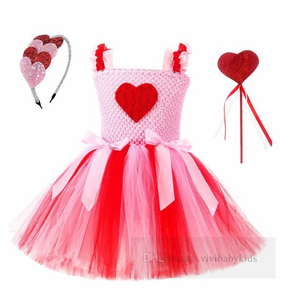 Día de San Valentín niñas amor corazón encaje tul tutú vestidos niños cinta arcos volantes vestido con tirantes ropa de fiesta para niños Z6371