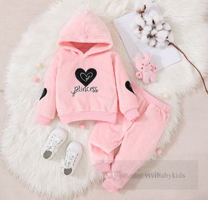 Valentijnsdag meisjes roze fleece kleding sets kinderen liefde hart brief borduren hooded sweatshirt met lange mouwen broek 2 stuks kinderen casual outfits Z6421