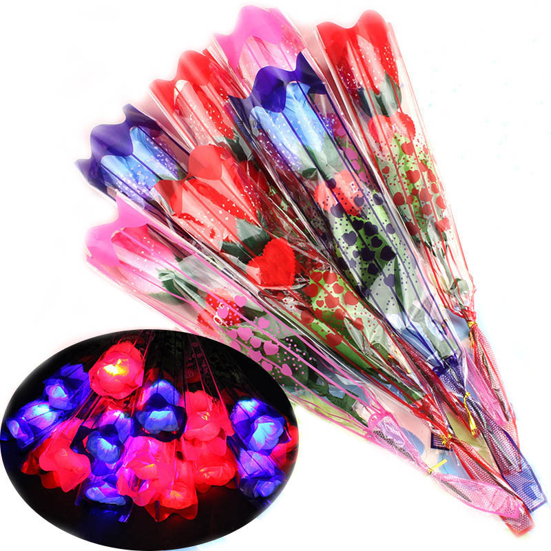 Valentine's Day Party Supplies Led Colorful Cloth Rose Flower Luminous Flashing Wand Stick Decoration Bouquet Christmas Decor