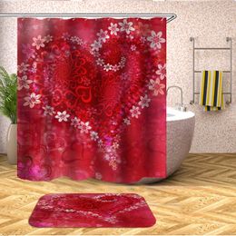 Valentijnsdag Douche Gordijn Romantische Rode Liefde Hart Rose Badkamer Douchegordijn Waterdicht Polyester Weefsel met 12 Stks Haken 180x180cm