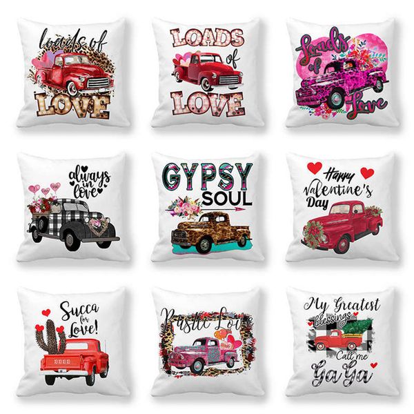 Funda de almohada de la serie Truck del día de San Valentín, funda de almohada con estampado de letras, funda de almohada de piel de melocotón, decoración de moda para fiesta en casa T9I00282