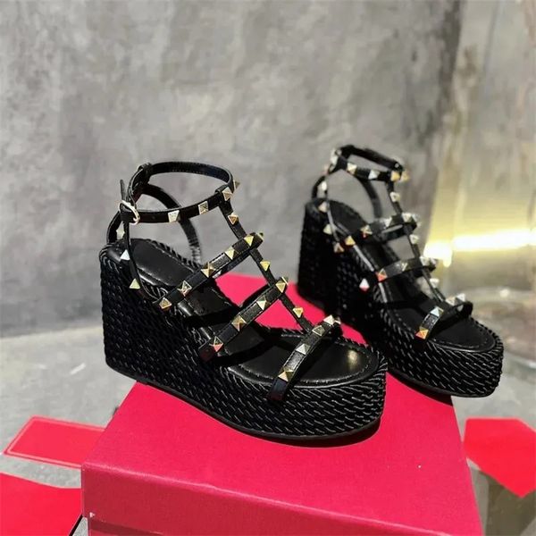 Sandalias de cuña de ganchillo negras para mujer de San Valentín Zapatillas de plataforma tejidas de alta calidad Suela de cuerda gruesa Alpargata Plataformas para mujer Tacón Wedgies