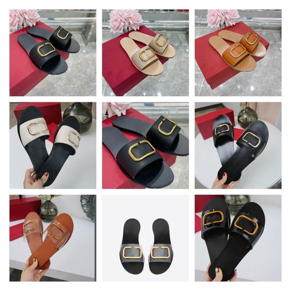 Sandales Valentine Chaussures à talon de luxe Designer Femmes Metallic V Signature Trim Slipper Graned Cowhide 0 5 cm Pantoufles en cuir JGM MWD 03WL