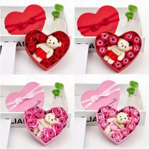 Boîte à 10 fleurs de savon pour la saint-valentin, boîte à roses, ours, Bouquet de décoration de mariage, cadeaux de Festival, boîtes en forme de cœur