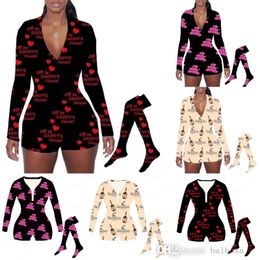 Saint Valentin Combinaisons Costume Pour Femmes Barboteuses 2023 Sexy Col En V Imprimé Body À Manches Longues Short Et Chaussette Onesies Pyjams Dames Homewear S-XXL