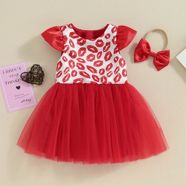 Valentines Day Outfits Baby Clothing Girl de manga corta Labios de manga estampada Tulle Tul con banda para diadema ropa para niños pequeños 240403