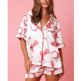 Valentijnsdag Pyjama Voor Vrouwen Hart Print Single Breasted Korte Mouw Top En Hoge Taille Shorts Loungewear 240115