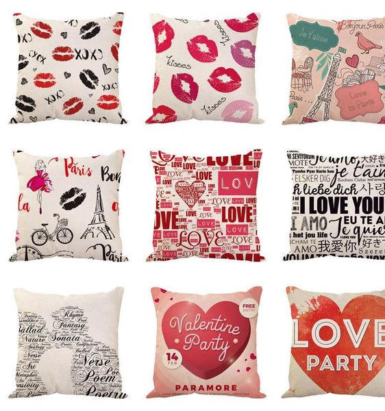 Valentines Taie d'oreiller de la Saint Valentin Lèvres rouges Coeur Coussin décoratif Couvertures Coton Linge de linge Coussins Coussin Coussin Home Décoration 30 Designs BT998