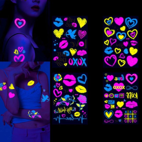 Valentín Día Pegatina Tatuaje Tattoos Temporal Fluorescente Pegatinas de amor brillantes Noche de fiesta de bodas Tatuaje de arte de arte 240523