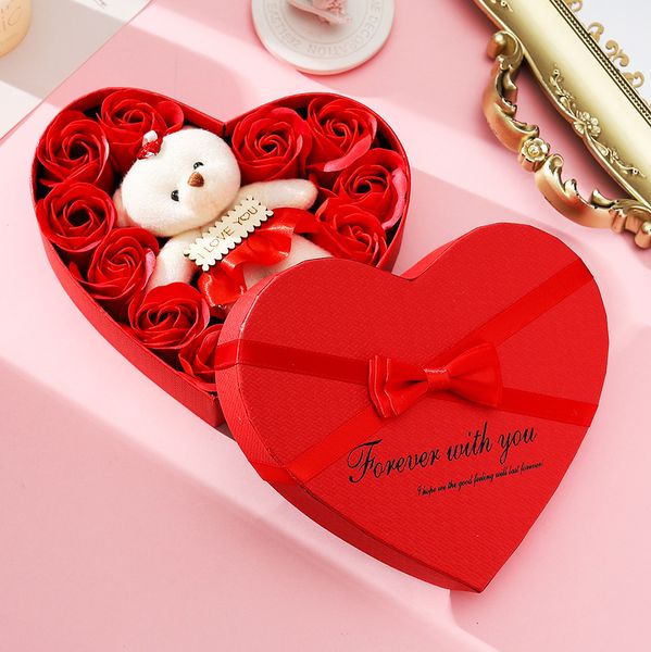 Caja de regalo en forma de corazón de San Valentín, lindo oso de peluche con 10 piezas de jabón perfumado, flores de rosas, regalos para la decoración del banquete de boda del día de San Valentín