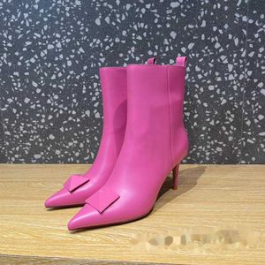 Valentino Tobillo Diseñador Mujeres Botas de mejor calidad Moda Lujo Cuero genuino Color rosa Punta puntiaguda Tacones altos Bombas Pista Traje Vestido de fiesta Botines Otoño Wi