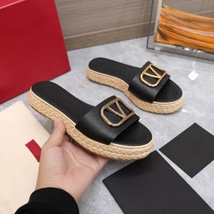 Valentino Alpargata Sandalias Mujer Zapatillas Trenzado Interior Sexy Diapositiva Cuero de vaca granulado Sandalia casual Diseñador Moda de lujo Señoras Playa Chanclas planas