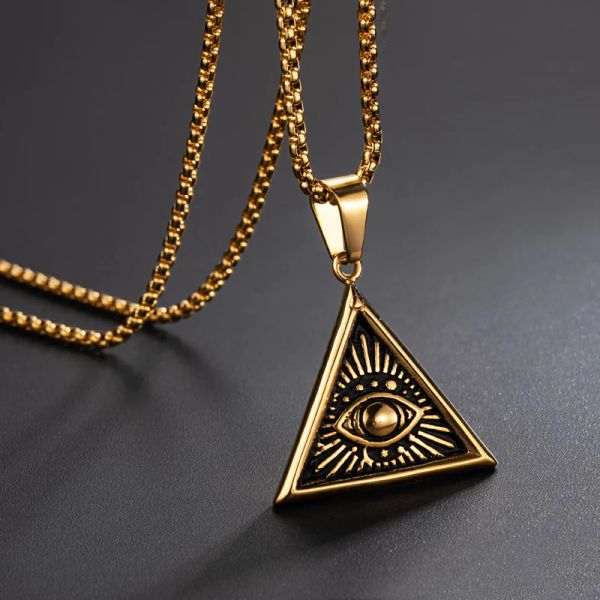 Collier pendentif pyramide égyptienne en or jaune 14K, collier mauvais œil qui voit tout, Triangle géométrique, bijoux