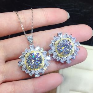 Waardevolle bloem diamanten sieraden set 925 sterling zilveren feest bruiloft oorbellen ketting voor vrouwen bruids verloving sieraden cadeau