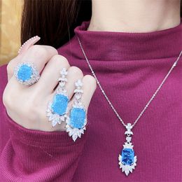 Waardevol lab Aquamarine diamanten sieraden set 925 sterling zilveren verloving trouwringen oorbellen ketting voor vrouwen sieraden