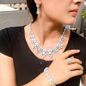 Ensemble de bijoux en diamant de laboratoire précieux, bagues de fiançailles en or blanc 14 carats, boucles d'oreilles, collier et Bracelet pour femmes, cadeau de fête