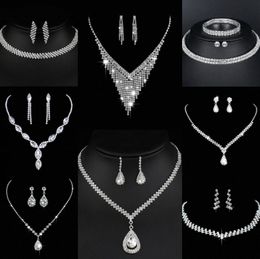 Valioso conjunto de joyas de diamantes de laboratorio, collar de boda de plata esterlina, pendientes para mujer, joyería de compromiso nupcial, regalo A21L #