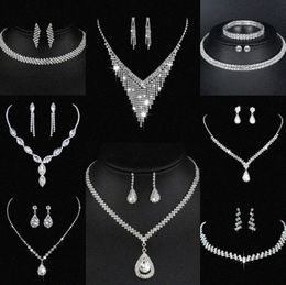 Valioso conjunto de joyas de diamantes de laboratorio Pendientes de collar de boda de plata esterlina para mujeres Joyería de compromiso nupcial Regalo P3DE#