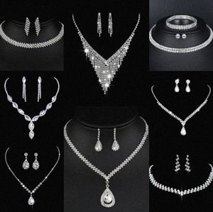 Valioso conjunto de joyas de diamantes de laboratorio Pendientes de collar de boda de plata esterlina para mujeres Joyería de compromiso de novia Regalo J2ew#