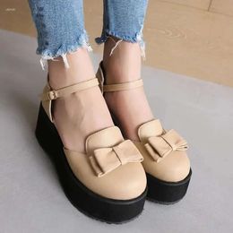Vamp Wedge Lolita Style Sandales Bow Hollow Breathable Ultra High Imperproof Platform Toe Mignon Retro Student Shoes 24d 24d
