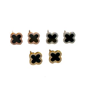 Van-Clef Arpes Designer Boucle D'oreille Qualité Originale Noir Simple Mode Classique Polyvalent Trèfle Boucles D'oreilles Anti Allergie Tempérament Diamant Clouté S925 Argent