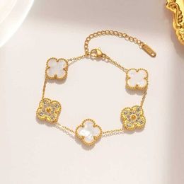 Van Clover – Bracelet français Double face à cinq fleurs, chaîne Ins vent, coquille de diamant, quatre feuilles, bain, titane incolore, Pgf1