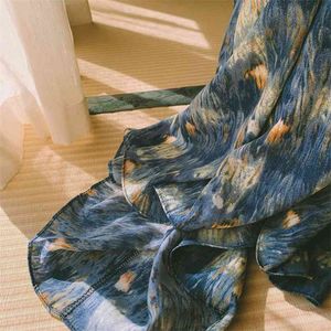 Van Gogh Starry : Couleur de peinture à l'huile ! Peut porter quatre saisons de jupe en mousseline de soie à fleurs déchiquetée A-word 210529
