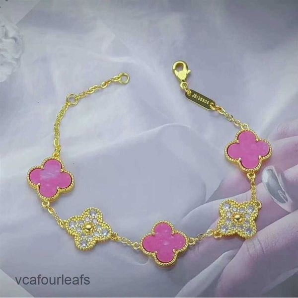 Van Jewelrys Cleef Pulsera con trébol de cuatro hojas vanly Clefly Transmisión en vivo del nuevo Lucky Four Leaf Grass Pink Rose Diamond Mujer mayor