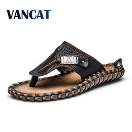 Vancat Echt Lederen Slippers Zomer Strand Slippers Platte Hakken Mannelijke Slides Mannen Schoenen Plus Size 48 Y200107 GAI GAI GAI